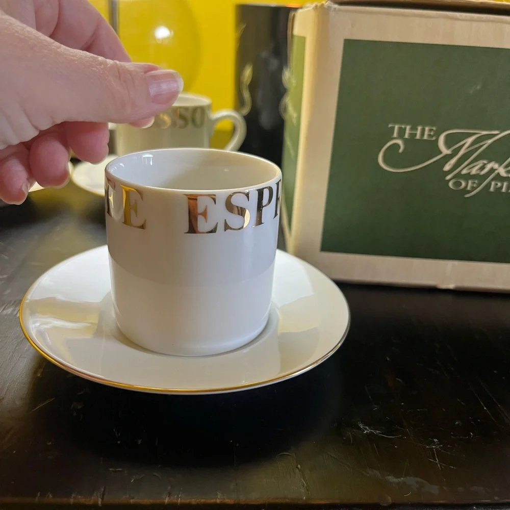 Pier 1 espresso cafe set of 4 white and gold cups and saucers